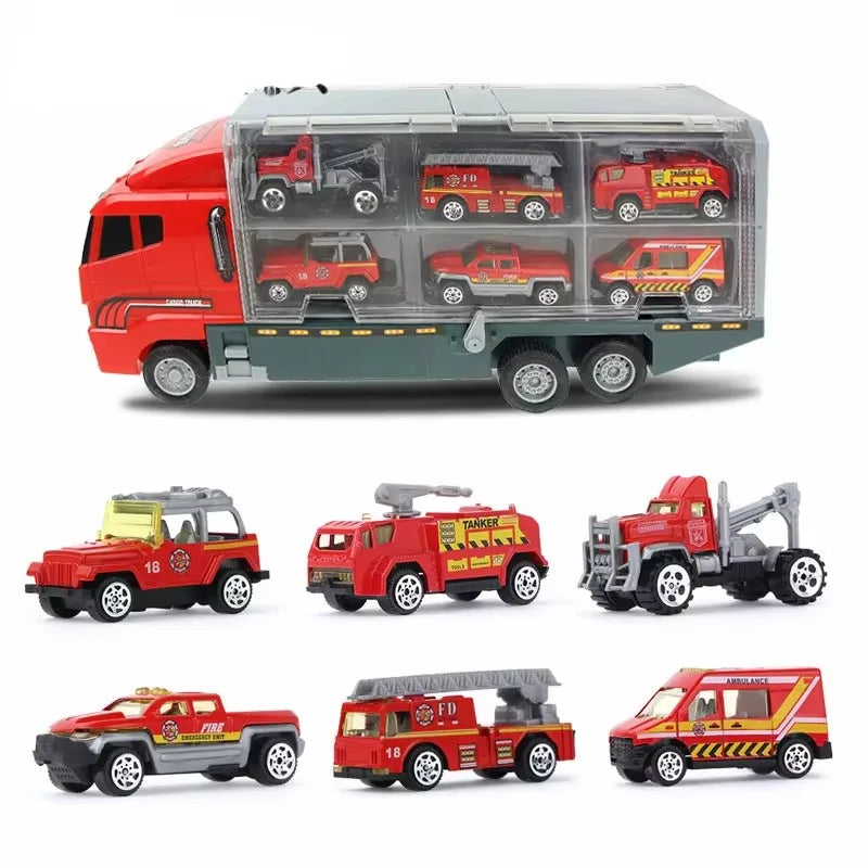 A diecast playset featuring ten construction vehicles including dump trucks and excavators in various colors.