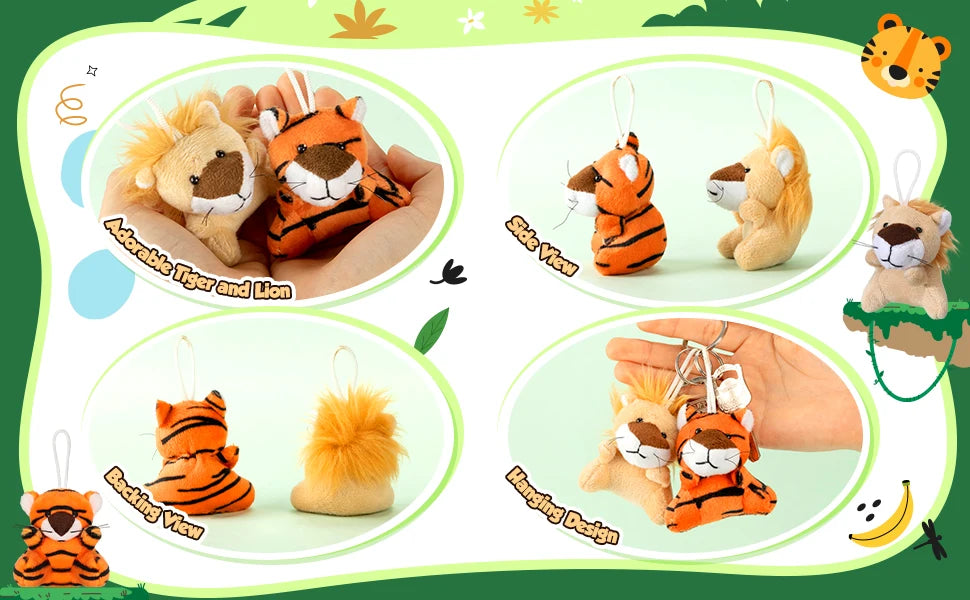 Various plush toys of tigers and lions shown in different views including side view and hanging design