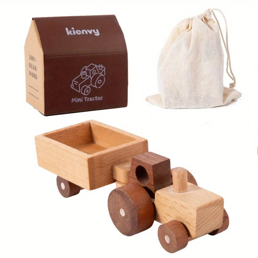Un ensemble de onze véhicules d'ingénierie en bois massif, y compris un mini tracteur et divers véhicules en bois.