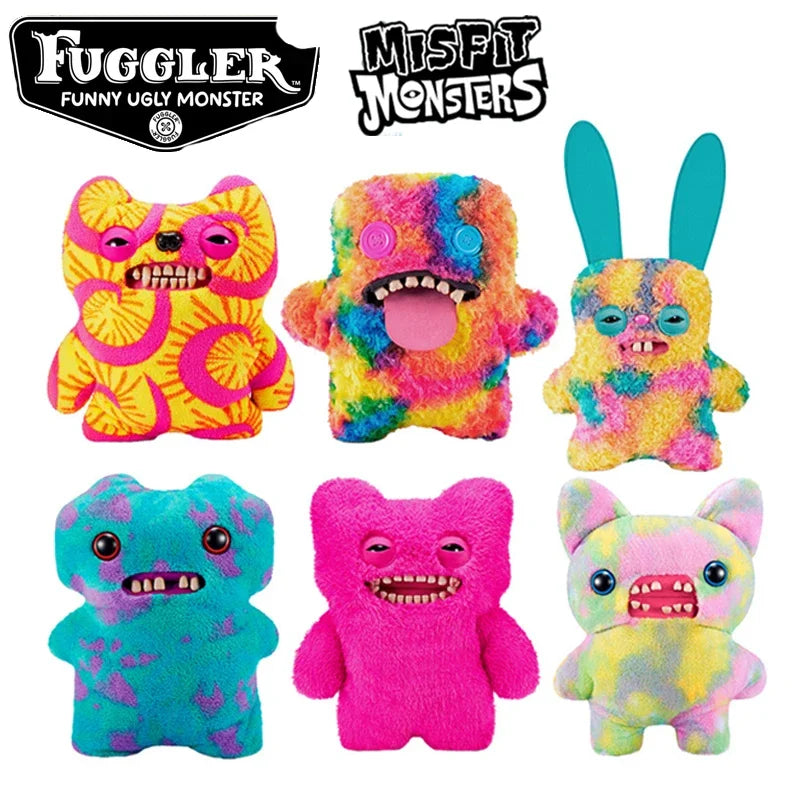 A collection of colorful Fuggler plush monster toys featuring various facial expressions and textures.