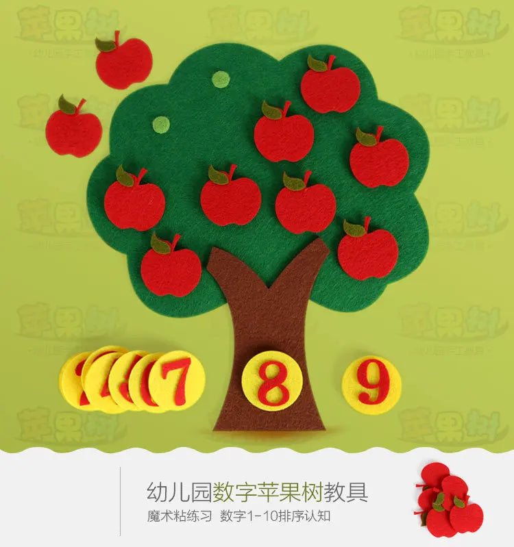 A green felt tree with red apples and yellow felt numbers 7, 8, and 9 displayed on a light green background.