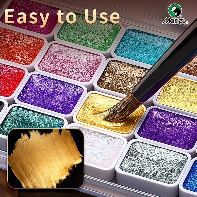 A set of 24 pearlescent watercolor paints in various sunset and metallic star-like shades displayed in individual wells.