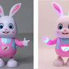 A pink and white musical robot rabbit toy with large ears, standing upright.