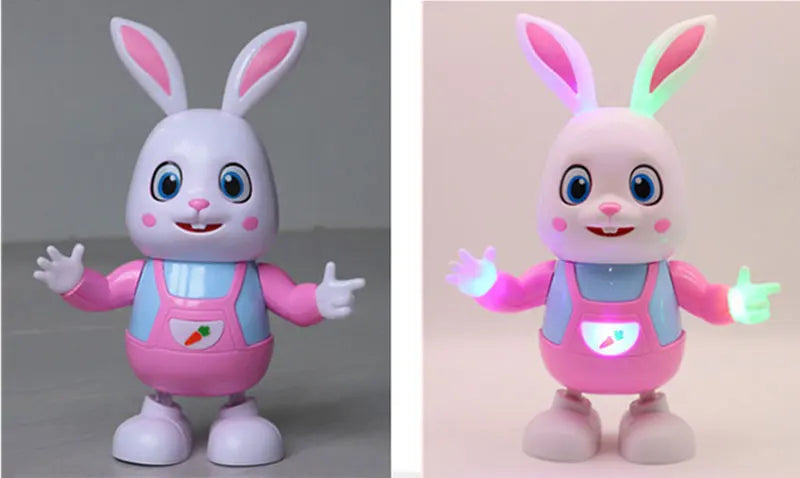 A pink and white musical robot rabbit toy with large ears, standing upright.