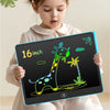 A young girl holds a 16 inch LCD writing tablet displaying a green giraffe doodle on a black screen.