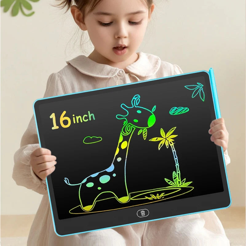 A young girl holds a 16 inch LCD writing tablet displaying a green giraffe doodle on a black screen.