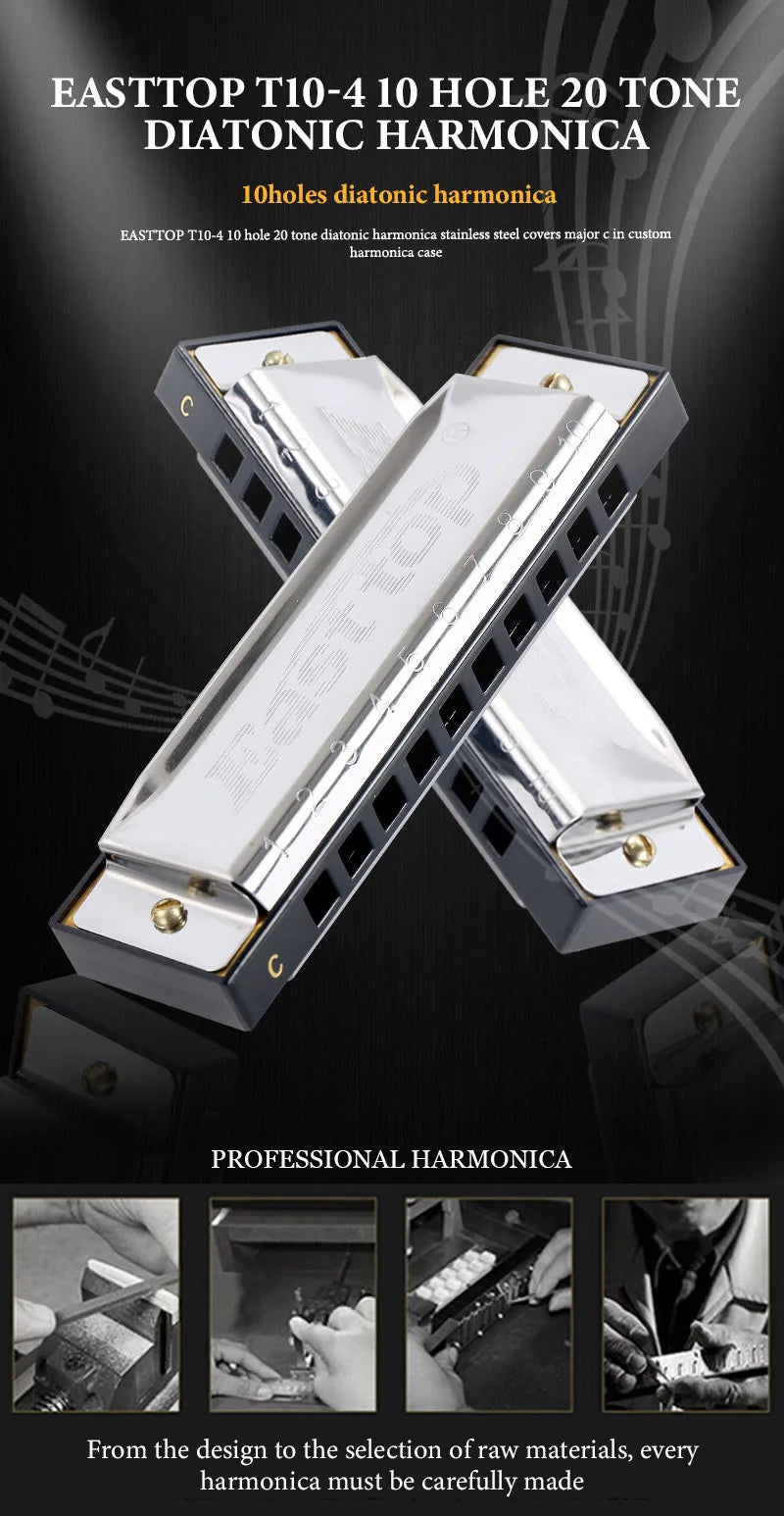 A pair of stainless steel covers for a 10-hole diatonic harmonica in C, shown diagonally.