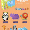 A gift box containing six large block animal world puzzles including panda, rhino, lion, giraffe, zebra, and elephant.