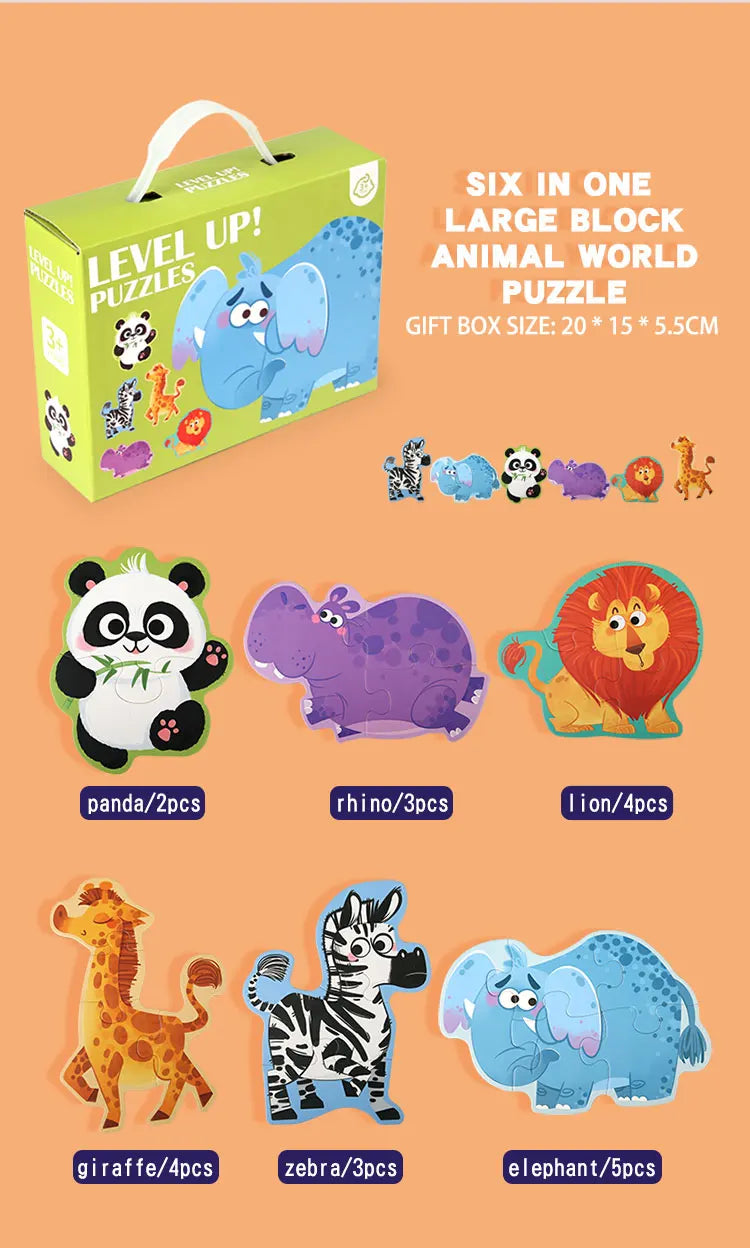 A gift box containing six large block animal world puzzles including panda, rhino, lion, giraffe, zebra, and elephant.