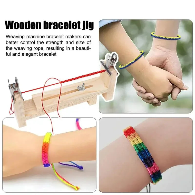 A wooden bracelet weaving jig and finished colorful woven bracelets on a hand.