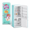 A light blue miniature fridge playset with an open door showing multiple compartments and drawers.