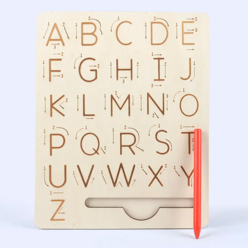 A wooden Montessori letter tracing board showing uppercase and lowercase alphabet letters for early learning.