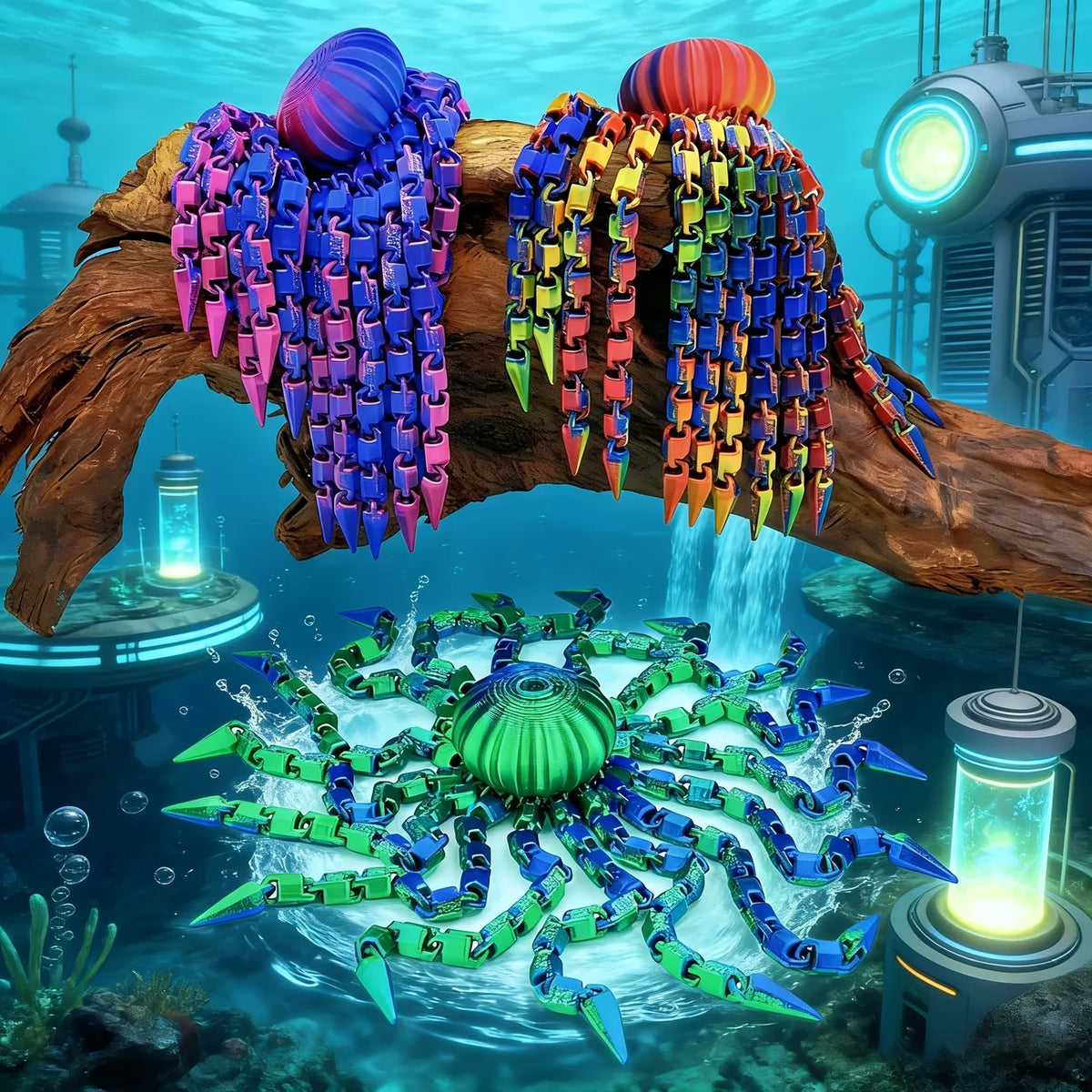 A colorful octopus desktop statue with tentacles emerging from a wooden log underwater.