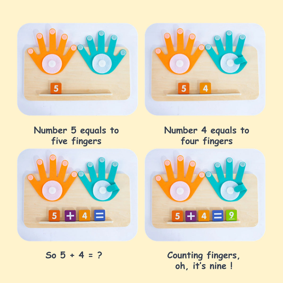 Montessori wooden finger counting math toy showing numbers 5 and 4 equals 9