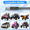 A black battery charger with an LED indicator is shown next to various electric ride-on cars.