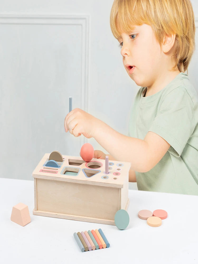 A young child is interacting with a wooden Montessori color and shape sorting box and various colored wooden shapes.