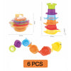 A set of six colorful boat-shaped stacking cups for toddlers, including a tower and individual cups.