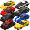 A collection of nine black, red, yellow, and blue classic supercar building blocks.