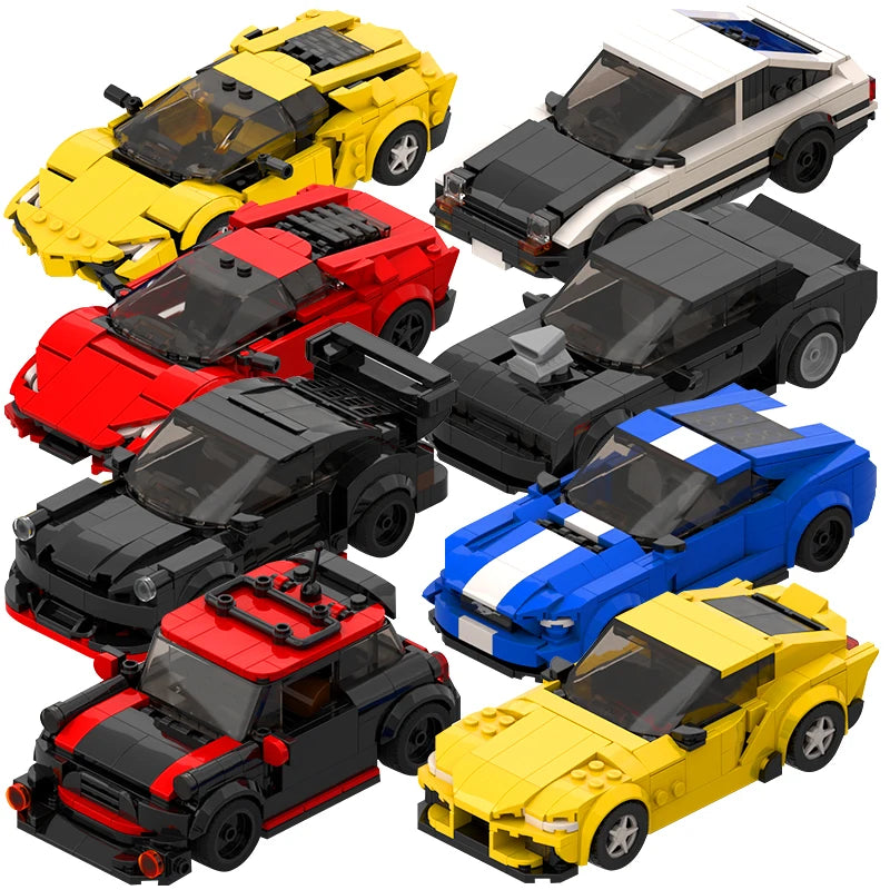 A collection of nine black, red, yellow, and blue classic supercar building blocks.