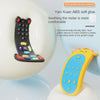 A yellow silicone teether toy with numbered buttons is shown next to a white ball.