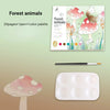 A watercolor painting book for kids featuring forest animals and mushrooms, along with paints and a brush.