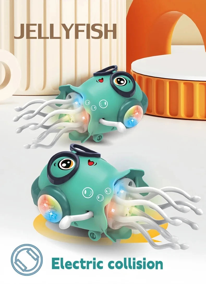 A green electric jellyfish toy with glowing lights and tentacles is shown on a white surface.