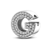 A personalized sterling silver alphabet charm featuring a letter G encrusted with cubic zirconia stones.