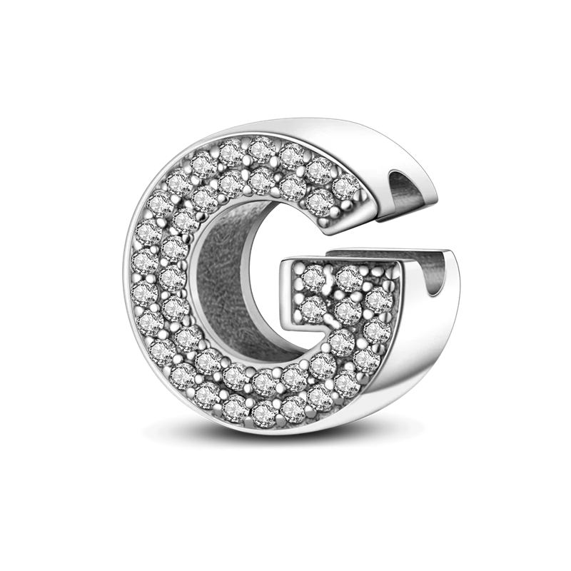A personalized sterling silver alphabet charm featuring a letter G encrusted with cubic zirconia stones.