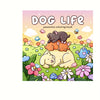 A colorful illustration of a dog life coloring book featuring cute animals like a bear, puppy, and other pets on a grassy fie