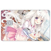 Anime girl with long white hair and pink dress holding a small food item.