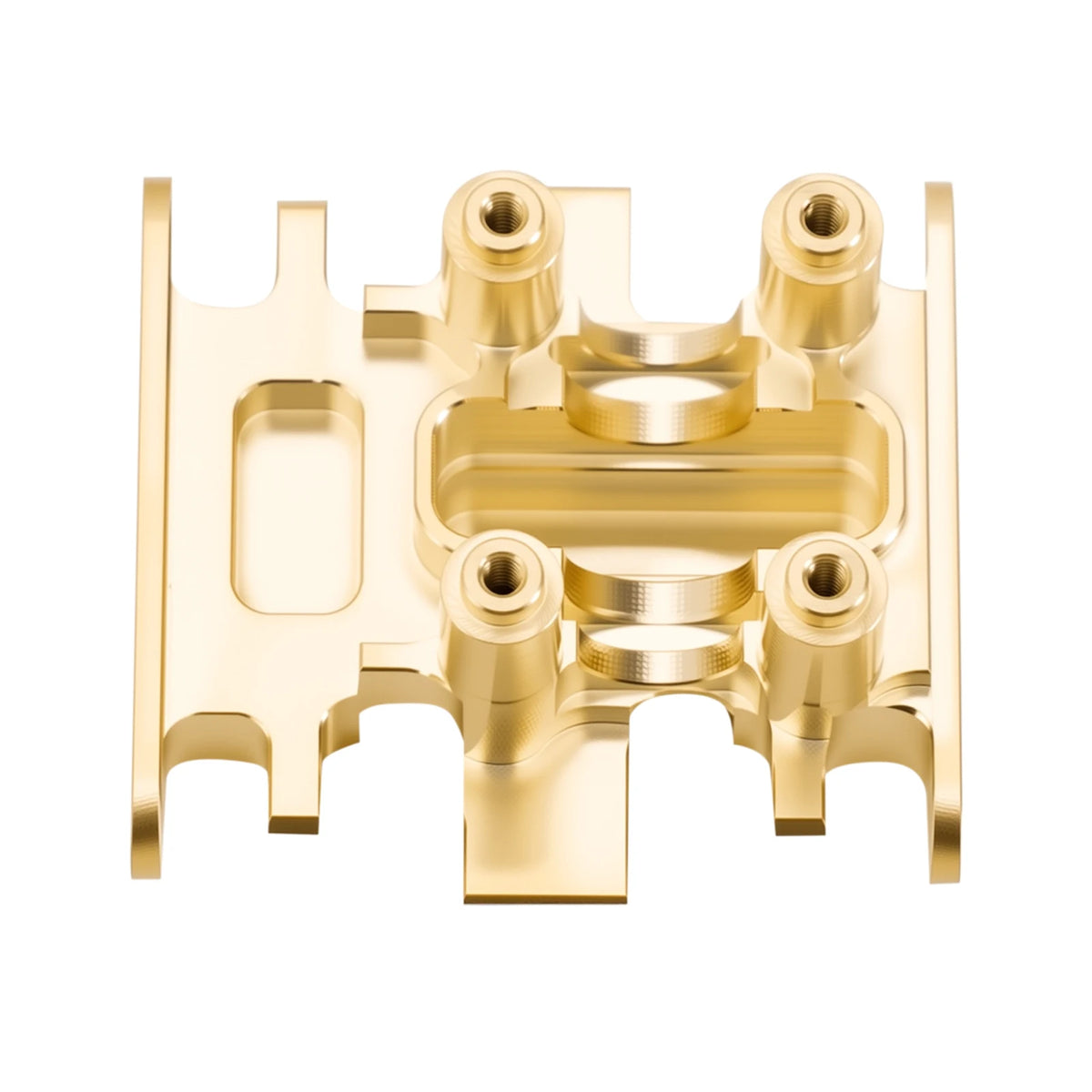 Precision brass skid plate for an SCX30 RC crawler with multiple mounting points.