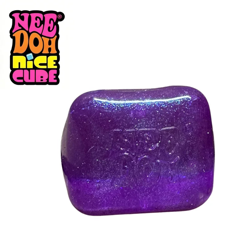 A purple glitter ice cube sensory fidget toy with the NeeDoh Nice Cube logo visible.