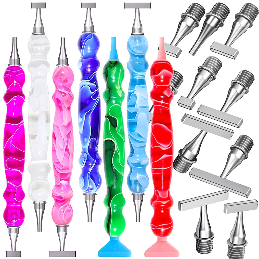 A collection of ergonomic resin diamond art pens with interchangeable stainless steel tips in various colors like pink, purpl