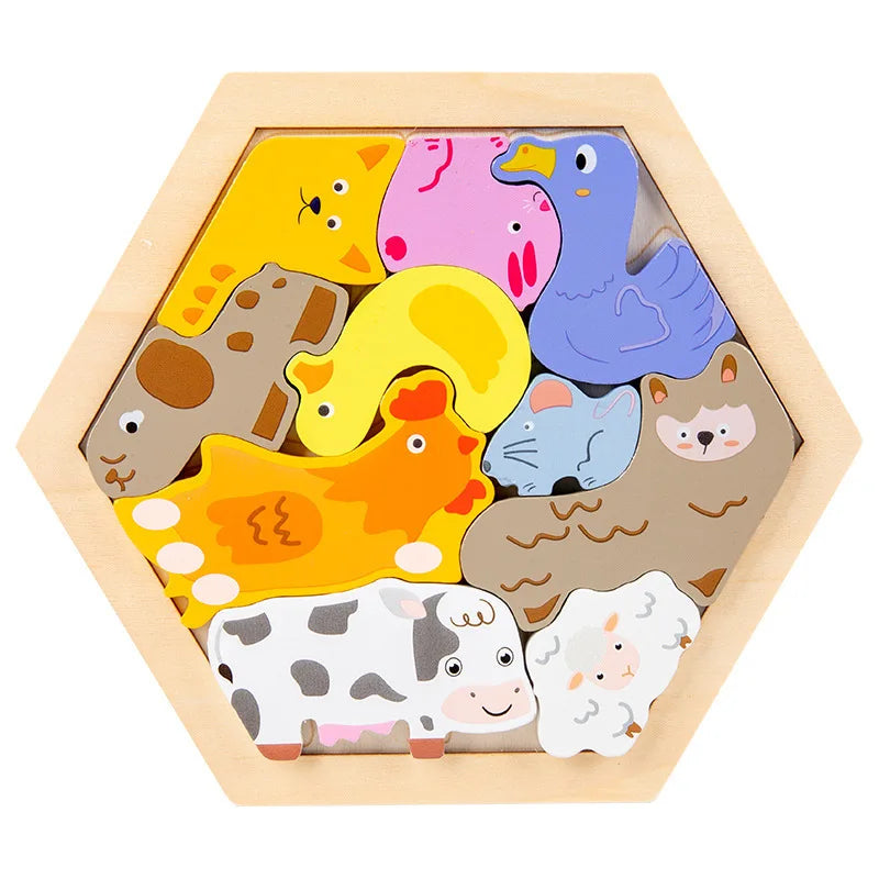 A wooden 3D jigsaw puzzle featuring colorful animal figures like a duck, a pig, a sheep, and a cat.