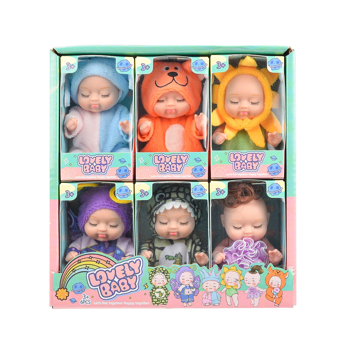 A box containing six realistic mini reborn baby dolls with various outfits and accessories.