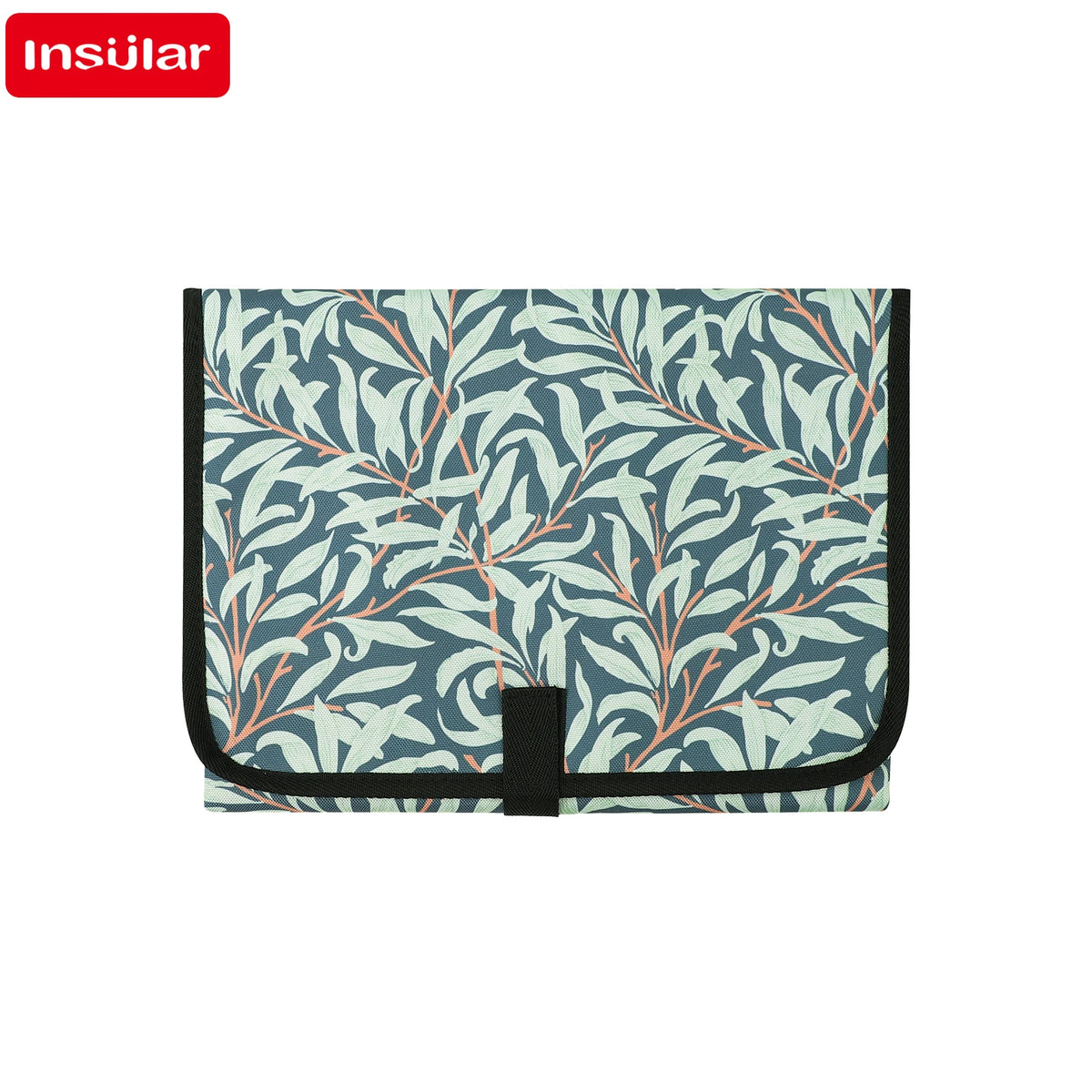 A teal and coral patterned portable foldable waterproof diaper changing pad with a black closure.
