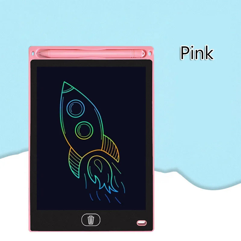A pink 8.5-inch LCD drawing tablet showing a neon outline of a rocket taking off on a dark screen.