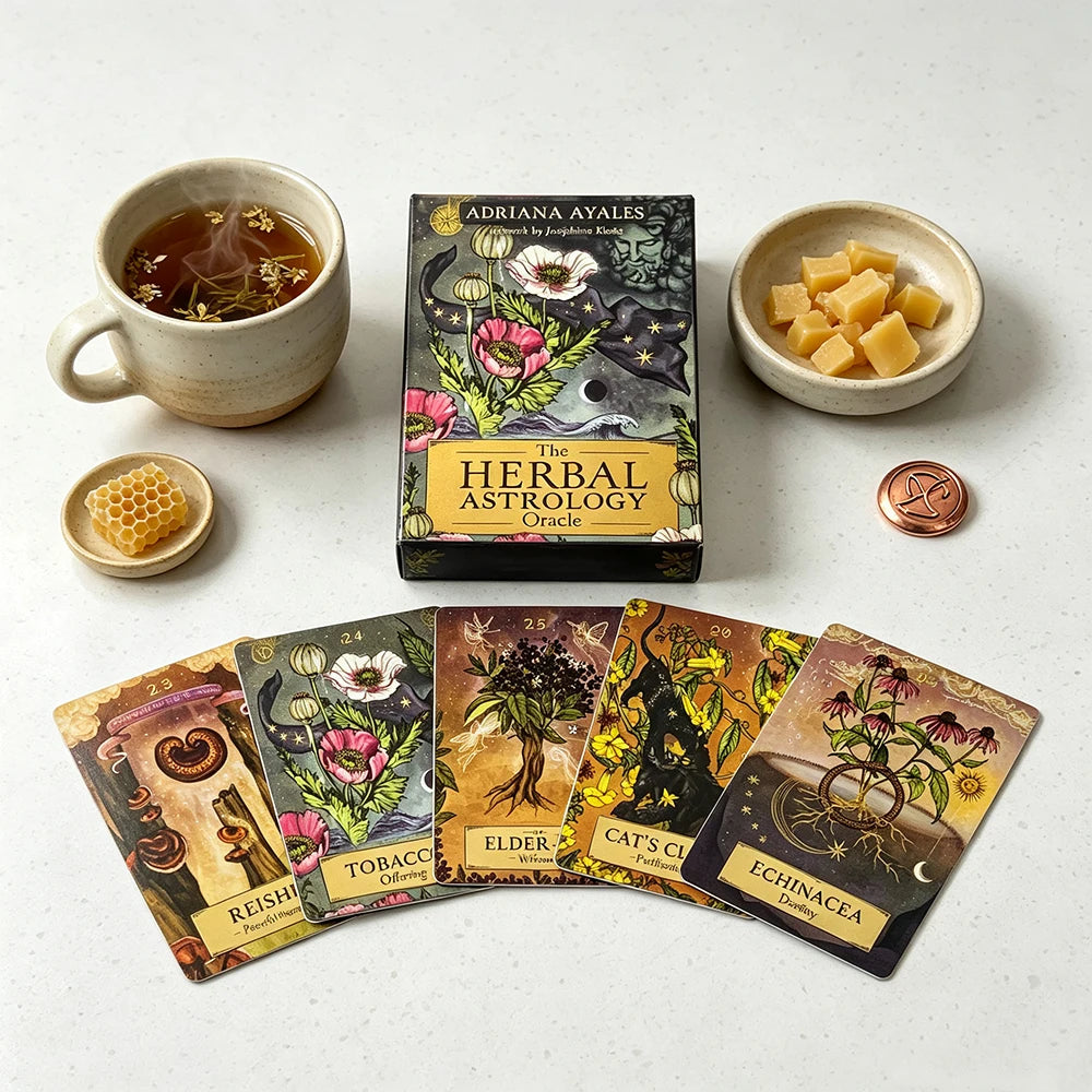 A set of Herbal Astrology Oracle cards and a glass of amber liquid displayed on a white surface.