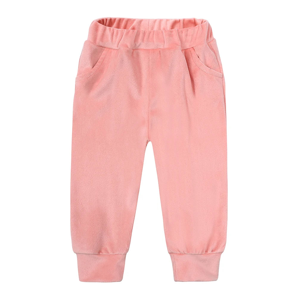 A pink velvet kids tracksuit set featuring a hooded zipper coat and matching pants.