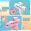 A white Prank Gun water gun is shown with a front trigger and a rear trigger, demonstrating its double spray function.