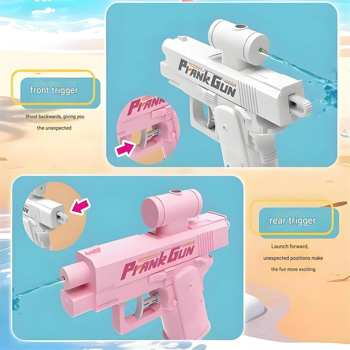 A white Prank Gun water gun is shown with a front trigger and a rear trigger, demonstrating its double spray function.