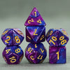 A set of purple polyhedral dice, including a tetrahedron and a d10, displayed on a gray surface.