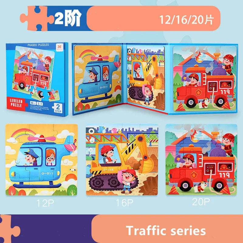 A set of magnetic puzzle books featuring vehicles, ocean life, and dinosaur themes with corresponding pieces.