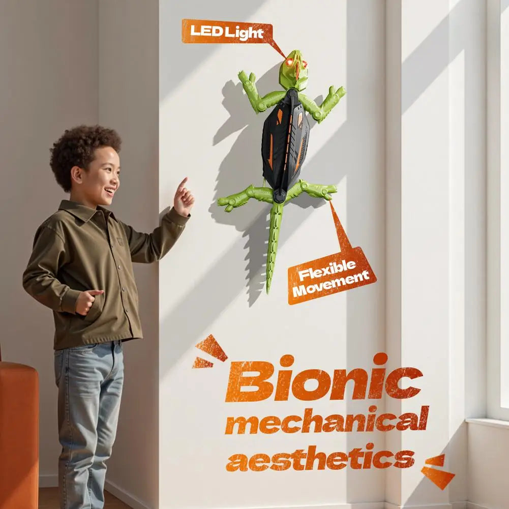 A wall-climbing RC gecko toy is displayed on a white wall, demonstrating flexible movement and bionic mechanical aesthetics.