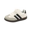 A pair of white and black striped casual sneakers for kids.