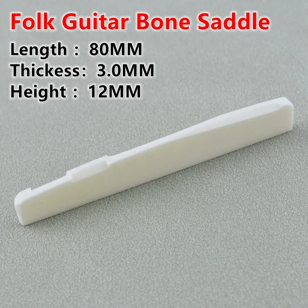A white folk guitar bone saddle with dimensions 80mm length, 3.0mm thickness, and 12mm height.