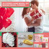 A couple is shown holding a red heart balloon while a close-up displays white and gold hand and foot print casting molds.