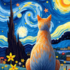 An orange cat sits against a vibrant night sky filled with stars and a crescent moon.