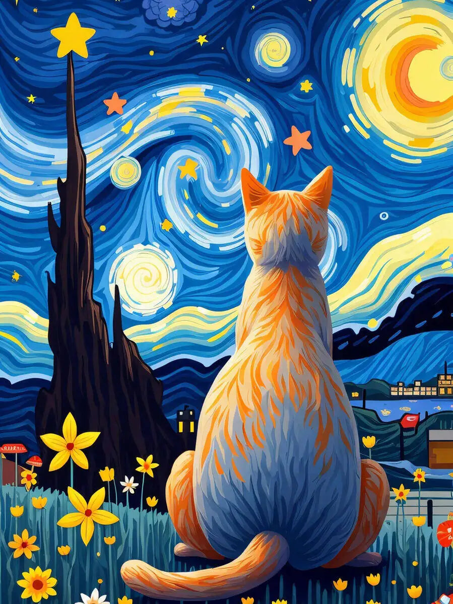 An orange cat sits against a vibrant night sky filled with stars and a crescent moon.