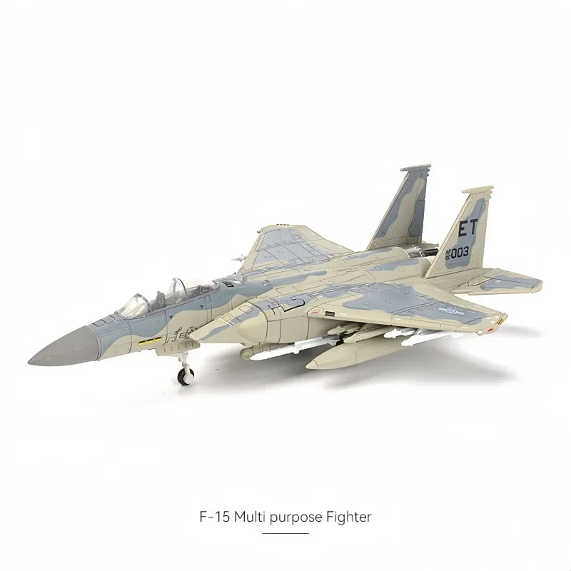 A model kit of an F-15 Multi-purpose Fighter jet in gray and light blue camouflage paint.